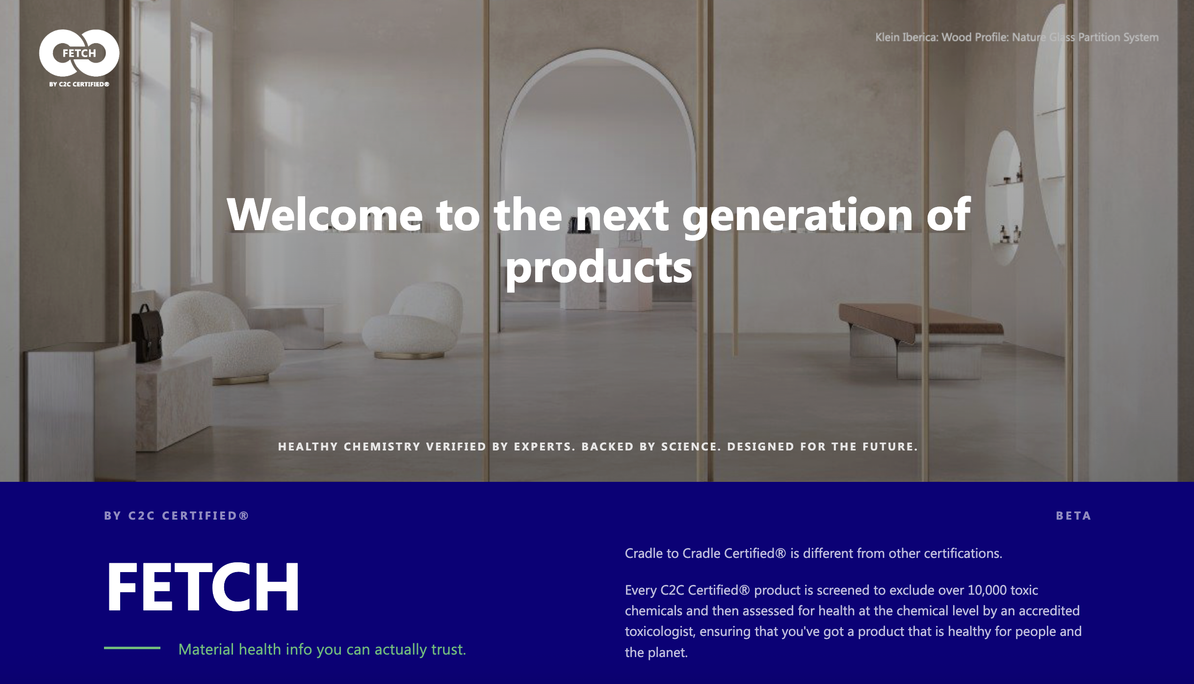 The FETCH by C2C Certified® home screen: “Welcome to the next generation of products — material health info you can actually trust.”